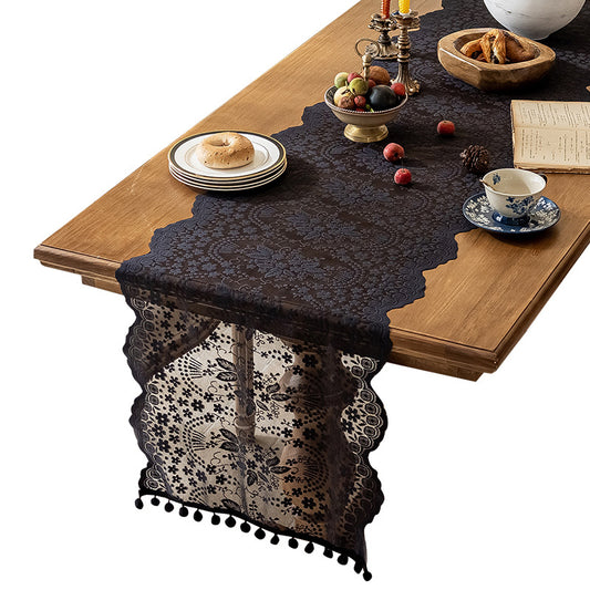 Elegant French Vintage Black Lace Table Runner