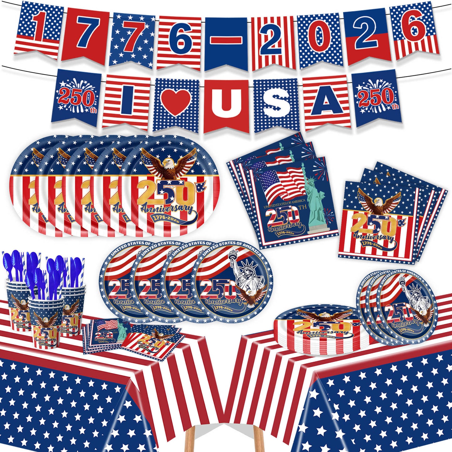 250th Anniversary 4th of July Patriotic Disposable Party Dinnerware Set - Red White Blue Stars & Stripes Paper Plates & Cups