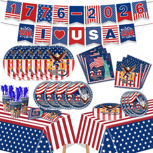 250th Anniversary 4th of July Patriotic Disposable Party Dinnerware Set - Red White Blue Stars & Stripes Paper Plates & Cups