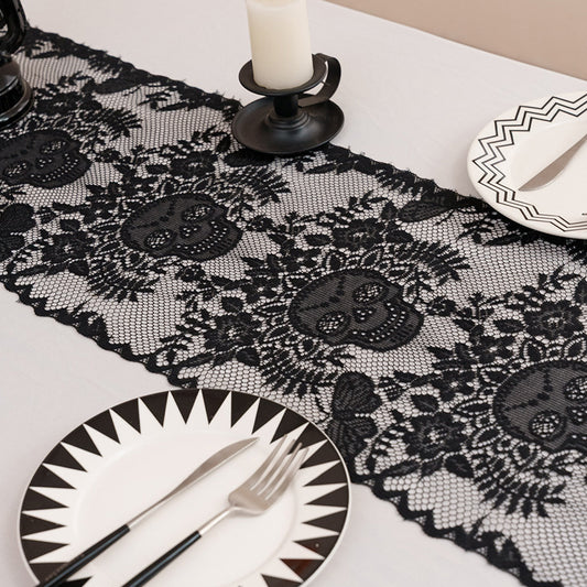 French Gothic Black Lace Halloween Table Runner - Spooky Party Decor