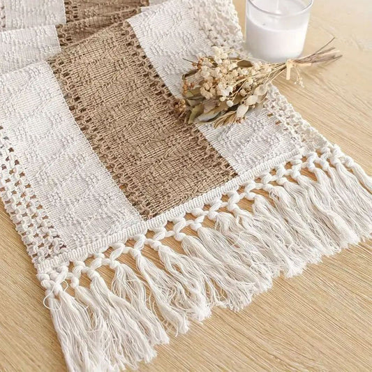 Nordic Boho Cotton Linen Blend Table Runner | Color Block Design with Macrame Tassels
